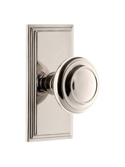 Grandeur Carre Rosette Door Set with Circulaire Knobs in Polished Nickel.
